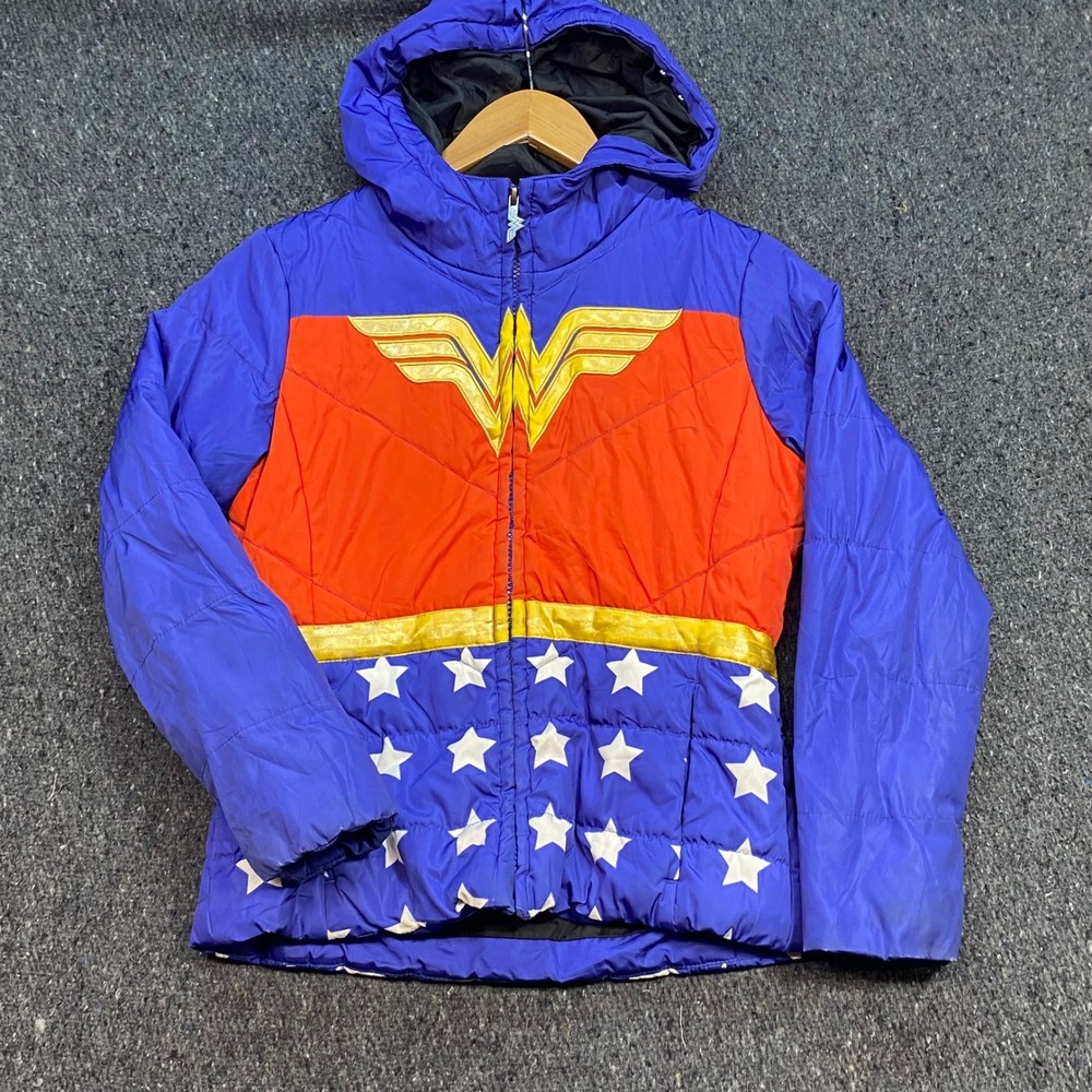 Fun Wear Wonder Woman Puffer Jacket Sz 6 Girls Blue Red Superhero Cosplay Hooded
